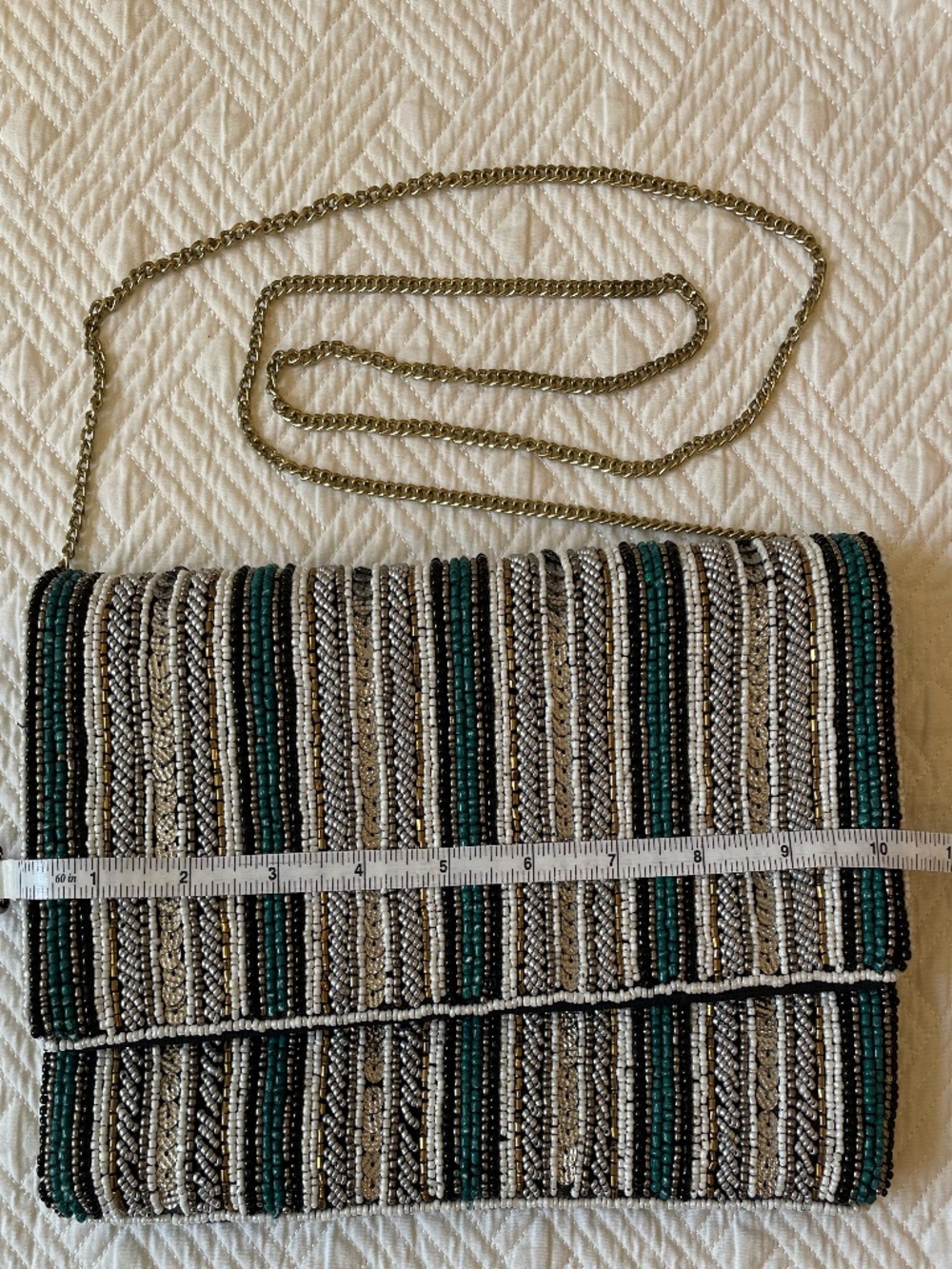 Beaded teal/silver/gold stripped clutch crossbody with optional gold chain strap - Picture 10 of 12